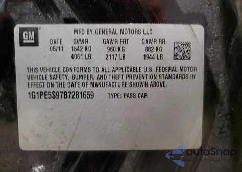 2011 Chevrolet Cruze Lt z USA, uszkodzony, nr VIN 1G1PE5S97B7281659